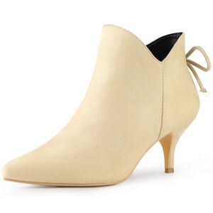 Pointed Toe Bow Zip Kitten Heel Beige Ankle Booties for Women